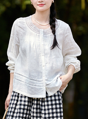 谷家 高端汉麻镂空花边领圆领衬衫 亚麻提花精致长袖白色小衫女