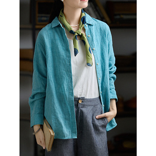 谷家 100%色织亚麻竖条纹小翻领长袖衬衫 原创文艺宽松显瘦上衣新