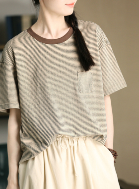 谷家 文艺复古纯棉细条纹短袖T恤女 2026春夏款棉麻风格圆领上衣