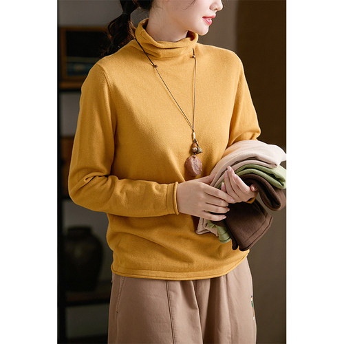 谷家 100%棉线纯色高领针织毛衣女 秋冬堆堆领保暖宽松内搭打底衫