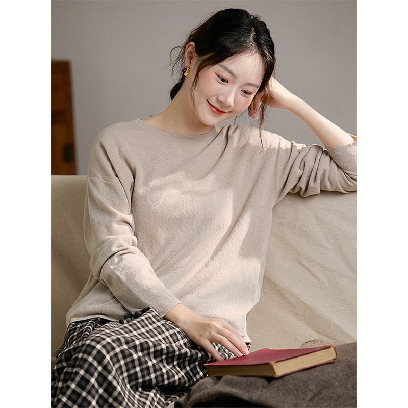 谷家 亚麻棉肌理感简约百搭长袖圆领针织衫 宽松慵懒打底外穿T恤