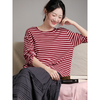 谷家 100％绵羊毛亲肤软糯条纹长袖T恤 松驰百搭宽松垂感圆领上衣