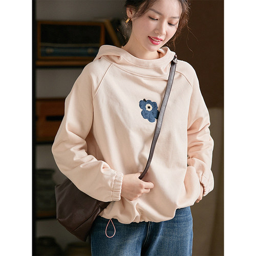 谷家 100%棉抓绒保暖连帽卫衣 原创文艺立体植绒宽松慵懒绣花上衣