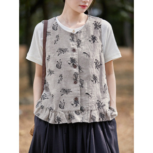 显瘦女士外搭 精致叠穿无袖 谷家 100%亚麻重工绣花高级感马甲背心