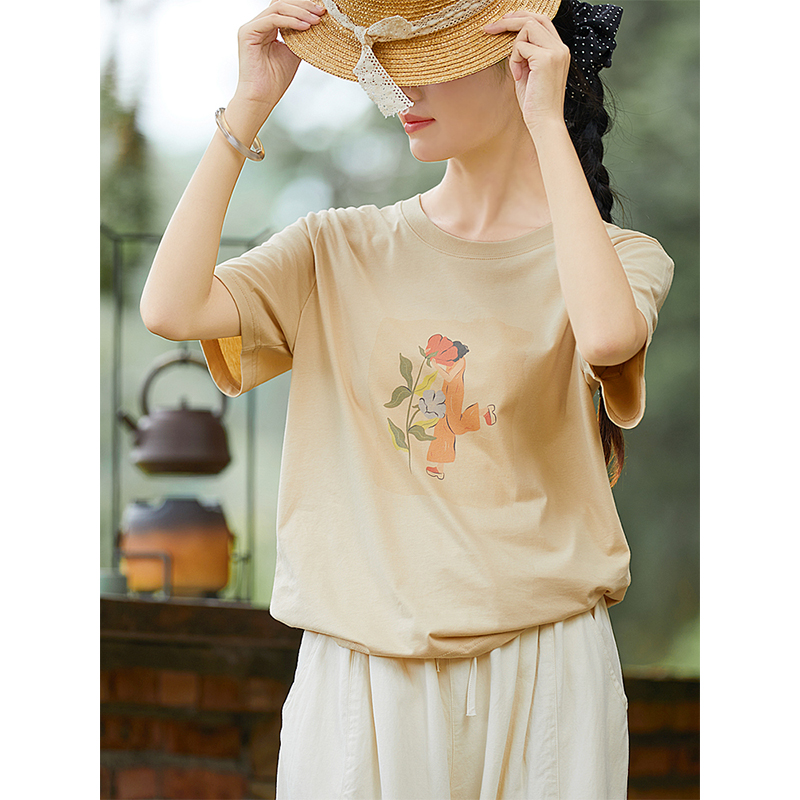 谷家 100%棉原创设计印花短袖t恤 趣味图案文艺显瘦休闲上衣女夏