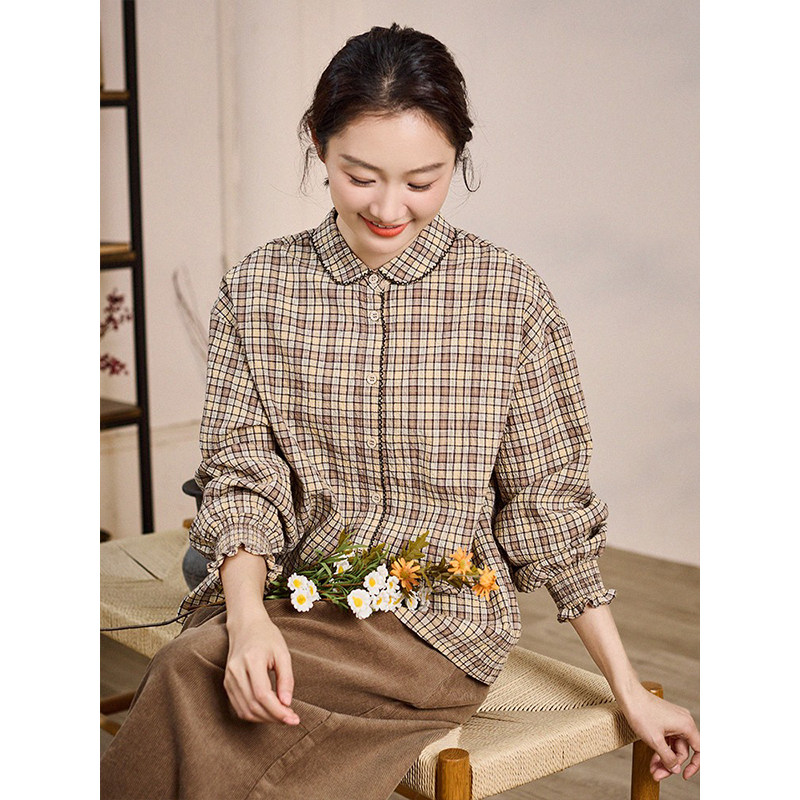 谷家 原创文艺色织格纹长袖衬衫女 2026春季新款娃娃领格子衬衣
