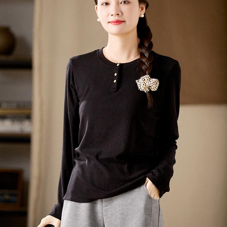 谷家 超显瘦羊毛天丝黑色长袖T恤女 软糯舒适打底衫 秋冬季百搭款