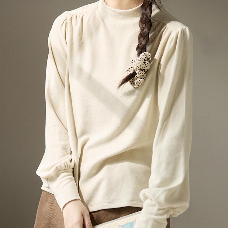 谷家 云感泡泡袖半高领气质打底衫 羊毛保暖自发热法式针织上衣女