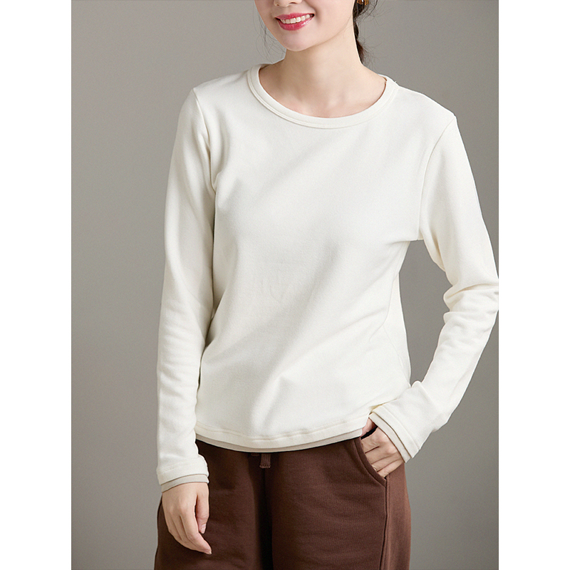 谷家 双面绒柔软保暖圆领撞色内搭打底衫 磨毛加厚长袖T恤可外穿