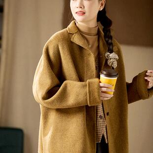 谷家 100%绵羊毛双面呢手工外套女 冬季宽松休闲厚实保暖短款大衣