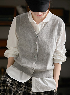 谷家 羊毛&棉气质V领叠穿针织马甲女 文艺百搭无袖背心短款上衣