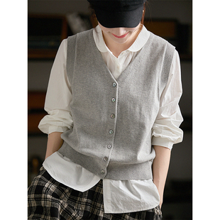 谷家 羊毛&棉气质V领叠穿针织马甲女 文艺百搭无袖背心短款上衣