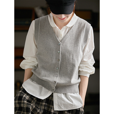 谷家 羊毛&棉气质V领叠穿针织马甲 文艺百搭无袖背心短款上衣秋新