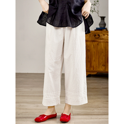 谷家 暗花纹花边休闲打底裤 100%棉松紧腰轻薄九分阔腿裤子女春夏