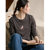 正肩显瘦100%棉长袖 谷家 原创文艺趣味小马刺绣圆领T恤 打底上衣