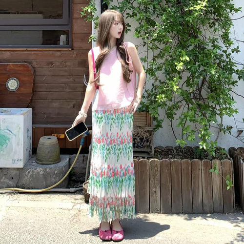 女印花碎花显瘦裙子套装褶皱爆款花开半夏双层流苏唯美流苏半身裙