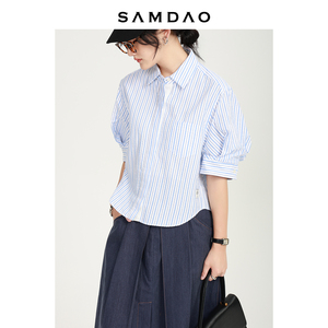 SAMDAO 咸系饼干-蓝色条纹衬衫女夏季宽松韩版慵懒风短款短袖休闲