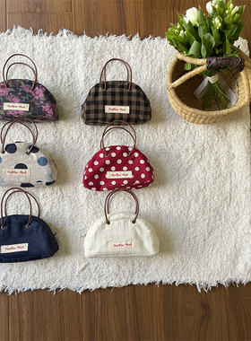 OneBlueNook丨原创 复古日系可爱半圆型牛皮绳手拎 拉链收纳包