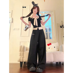 学院风气质辣妹蝴蝶结波点上衣阔腿长裤女装2026夏季新款减龄套装