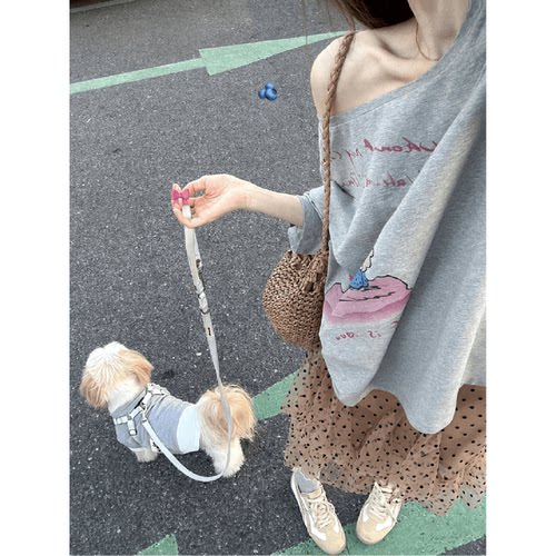 复古懒懒时髦两穿卡通印花T恤夏季新款宽松不规则设计波点半身裙