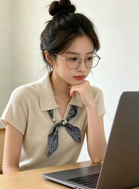 老钱风polo领丝巾短袖针织衫女初夏季韩系设计感薄款显瘦气质上衣