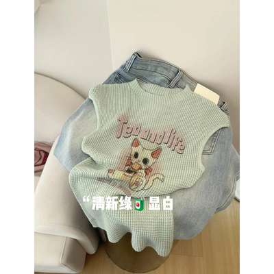 清新印花针织衫女2026夏季新款韩系猫咪小众修身绿色圆领个性上衣