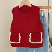 百搭蕾丝马甲女童口袋甜美红色 无袖 小清新棉线秋季 针织开衫