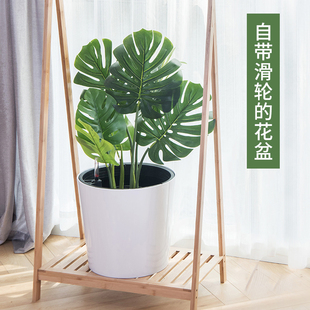 北欧创意花盆轻奢高级感家用客厅龟背竹盆懒人自动吸水底部带轮子
