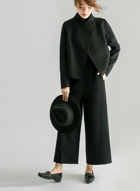 早深秋初冬季短外套女新款chic高级小个子羊毛双面呢上大衣黑夹克