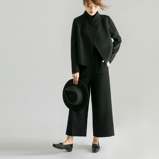 早深秋初冬季 chic高级小个子羊毛双面呢上大衣黑夹克 短外套女新款