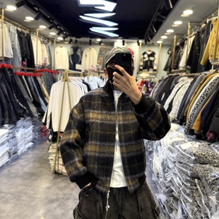 美式复古学院风格子连帽羊毛呢外套个性休闲潮高级感小众宽松夹克