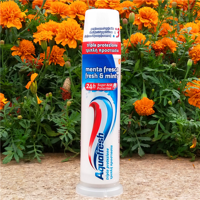 意大利亮白三色直立按压式牙膏美白去牙渍aquafresh toothpaste