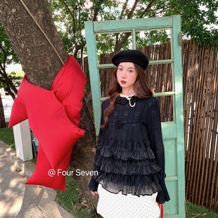 FOUR 百搭甜美风花饰双面料拼接荷叶边蛋糕吊带打底 SEVEN原创正版