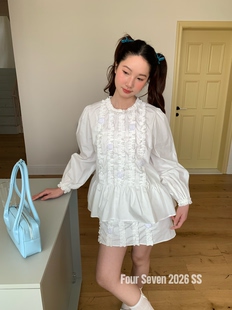 松紧腰A字短裙套装 FOUR 韩系木耳边抽褶裙摆上衣 2026SS SEVEN