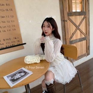 高领衬衫 刺绣花边拼接宫廷风肌理感透视泡泡袖 SEVEN原创正品 FOUR