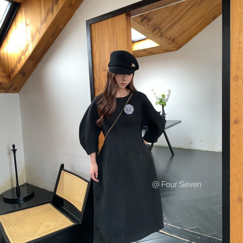 特价FOUR SEVEN 2025秋冬 百搭修身显瘦羊腿袖收腰呢料伞裙连衣裙