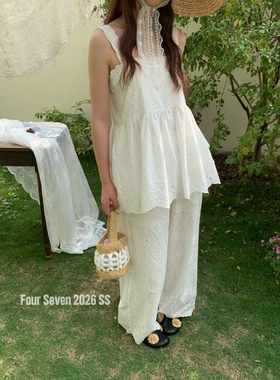 FOUR SEVEN 春夏SS 百搭显瘦 法式波浪边小裙摆绣花吊带上衣