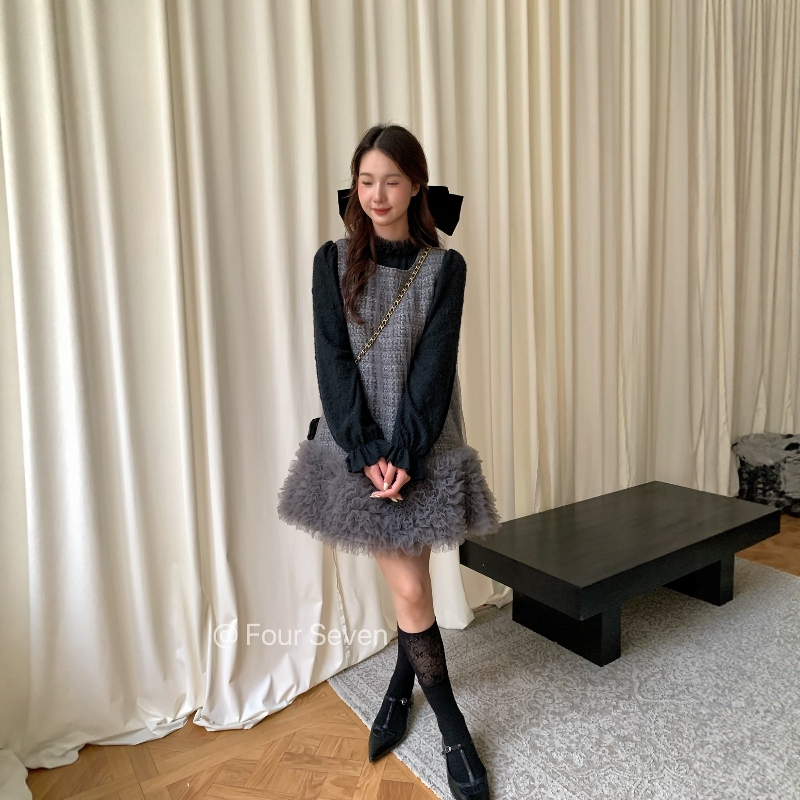 FOUR SEVEN 2025原创正品 韩版重工网纱拼接小香风面料A字背心裙