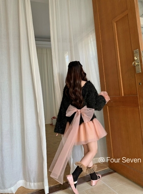 FOUR SEVEN原创正版 花饰领后系带大蝴蝶结假两件甜酷网纱蓬蓬裙