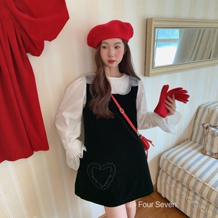 FOUR 显瘦花边爱心拼接设计感淑女气质丝绒连衣裙A字背心裙 SEVEN