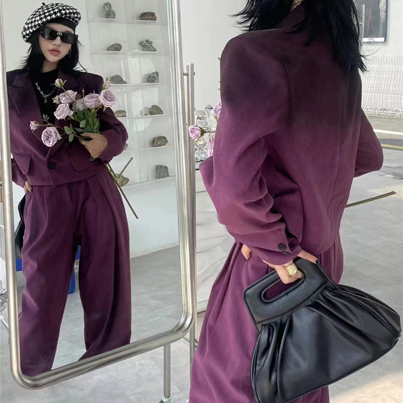 时尚设计扎染套装女2023春季新款撞色小西装配高腰束脚长裤两件套