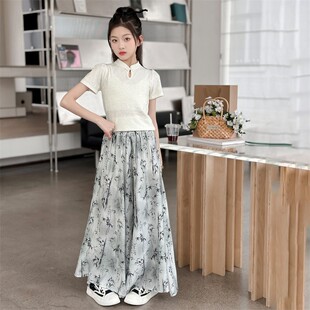 女童裤子夏薄款2026新款短袖套装超好看韩系新中式夏装女大童裙裤