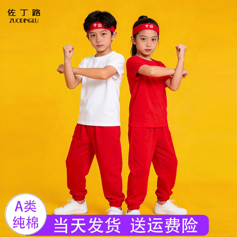 六一儿童演出服纯棉男童女童舞蹈练功服幼儿园小学生短袖长裤套装
