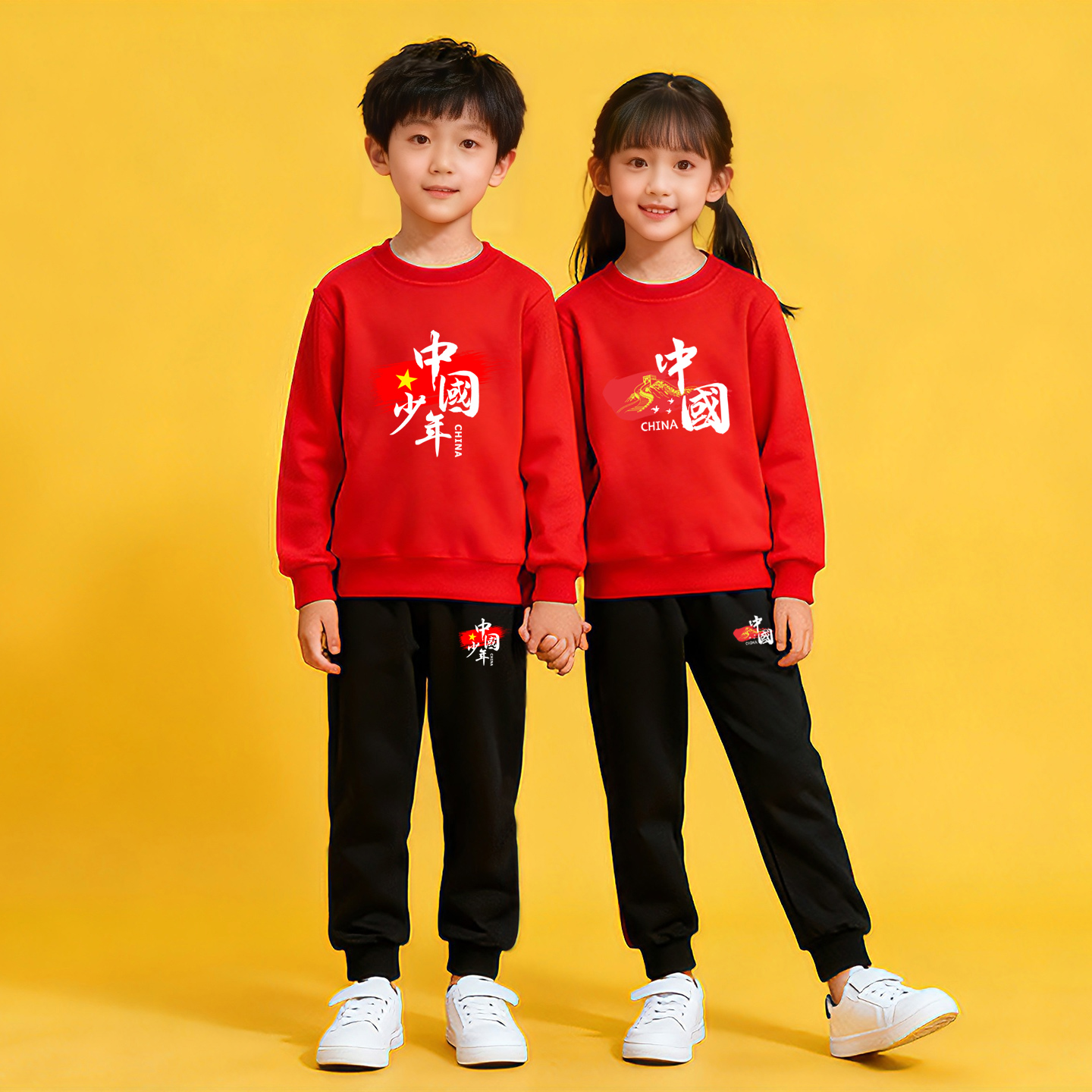 运动会儿童套装红色卫衣黑色裤子