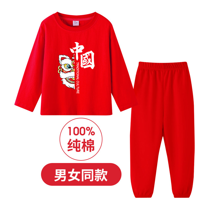 2026马年儿童过年衣服 女童男童本命年12岁套装红色长袖t恤拜年服