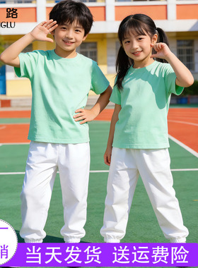 绿色短袖男童夏季套装女童舞蹈服 小学生幼儿园彩色t恤儿童演出服