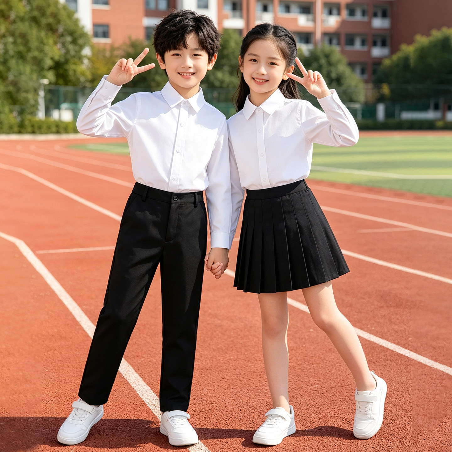 儿童白色长袖衬衫黑色裤子男童女童衬衣秋幼儿园小学生合唱演出服