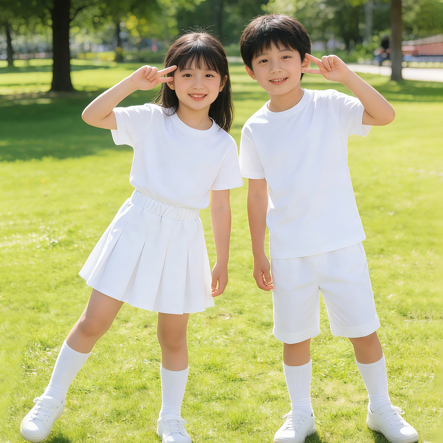 六一儿童纯白色短袖套装 幼儿园小学生运动会多巴胺啦啦队演出服
