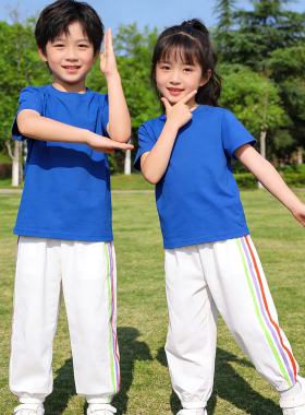 彩色儿童演出服纯棉 糖果色短袖t恤白色长裤套装小学生啦啦操班服