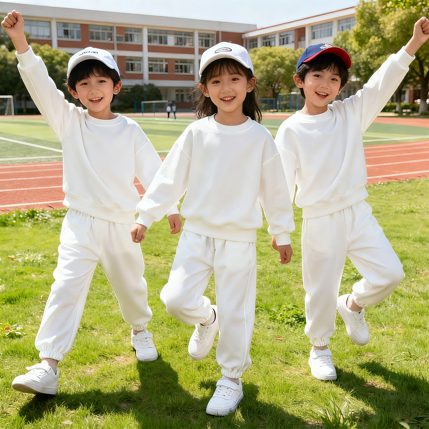 儿童纯白色卫衣套装春装男童女童初中生小学生运动会多巴胺演出服